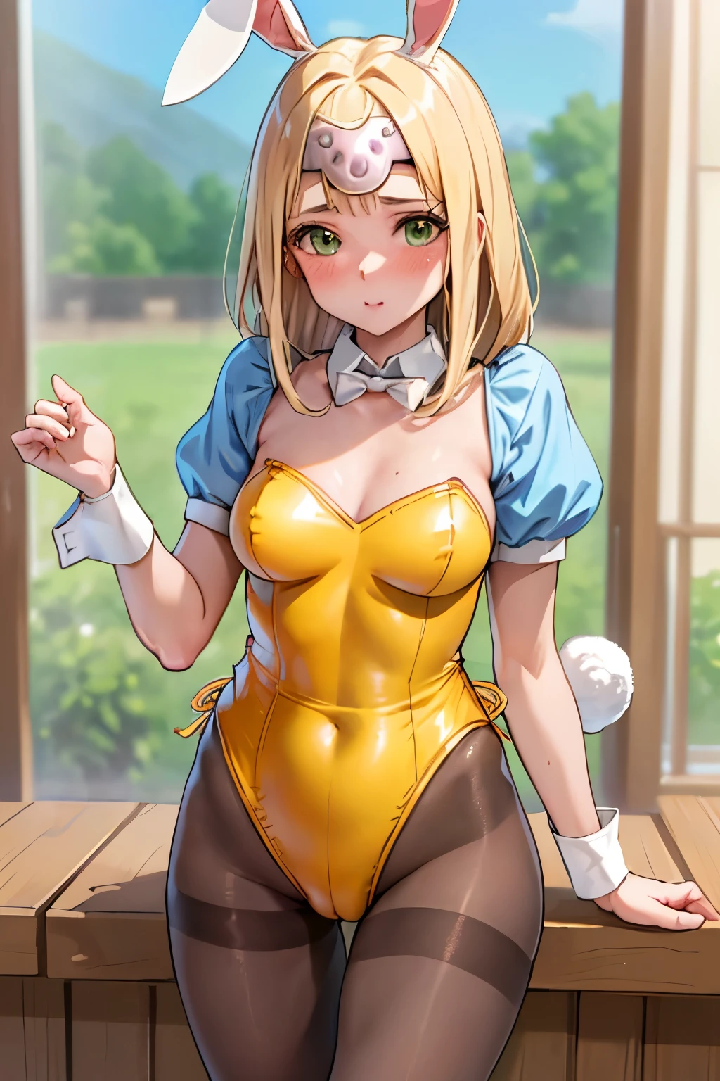 (Tabletop, Highest quality:1.2), Cowboy Shot, alone, One woman, 30-year-old woman、Mireille, Circlet、(blush:1.1), Embarrassing, View your viewers, ((Bunny girl))、((leotard))、((pantyhose))
