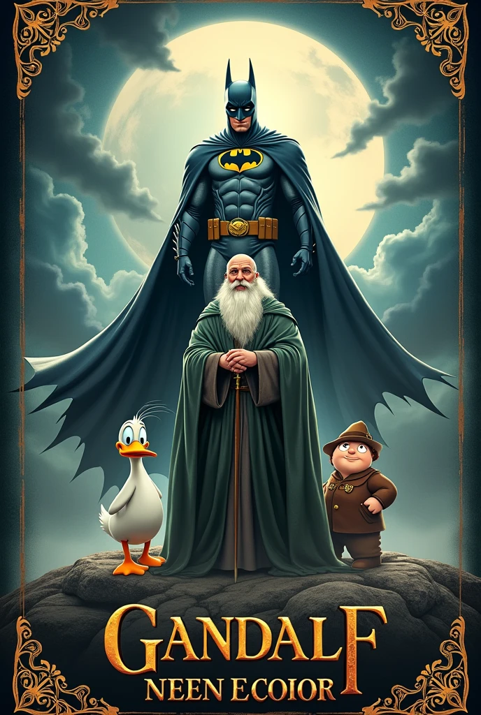 create an image with gandalf behind and above all below batman oernalonga daffy duck and peter griffin in movie poster style