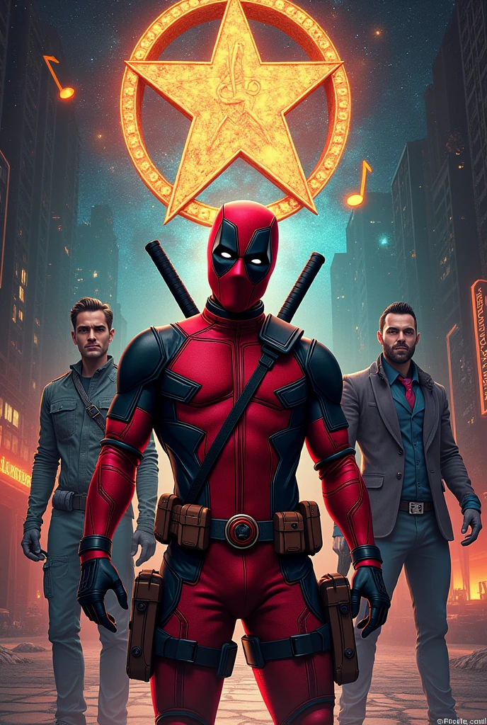 Deadpool with the symbol of lucky Trevor , five star and music symbol. Lucky, star, music . With another man gay , illuminati world, . By: Sam Oca