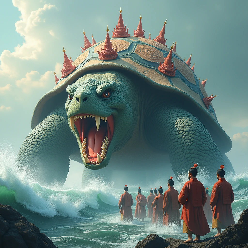 Heavy giant dragon-like turtle, Gorgeous shells, Chinese Leaders, In rough seas, Japanese Style, 3D Rendering, Ultra-fine detail, high quality, High resolution, 最high quality, Set fire to the dragon's mouth