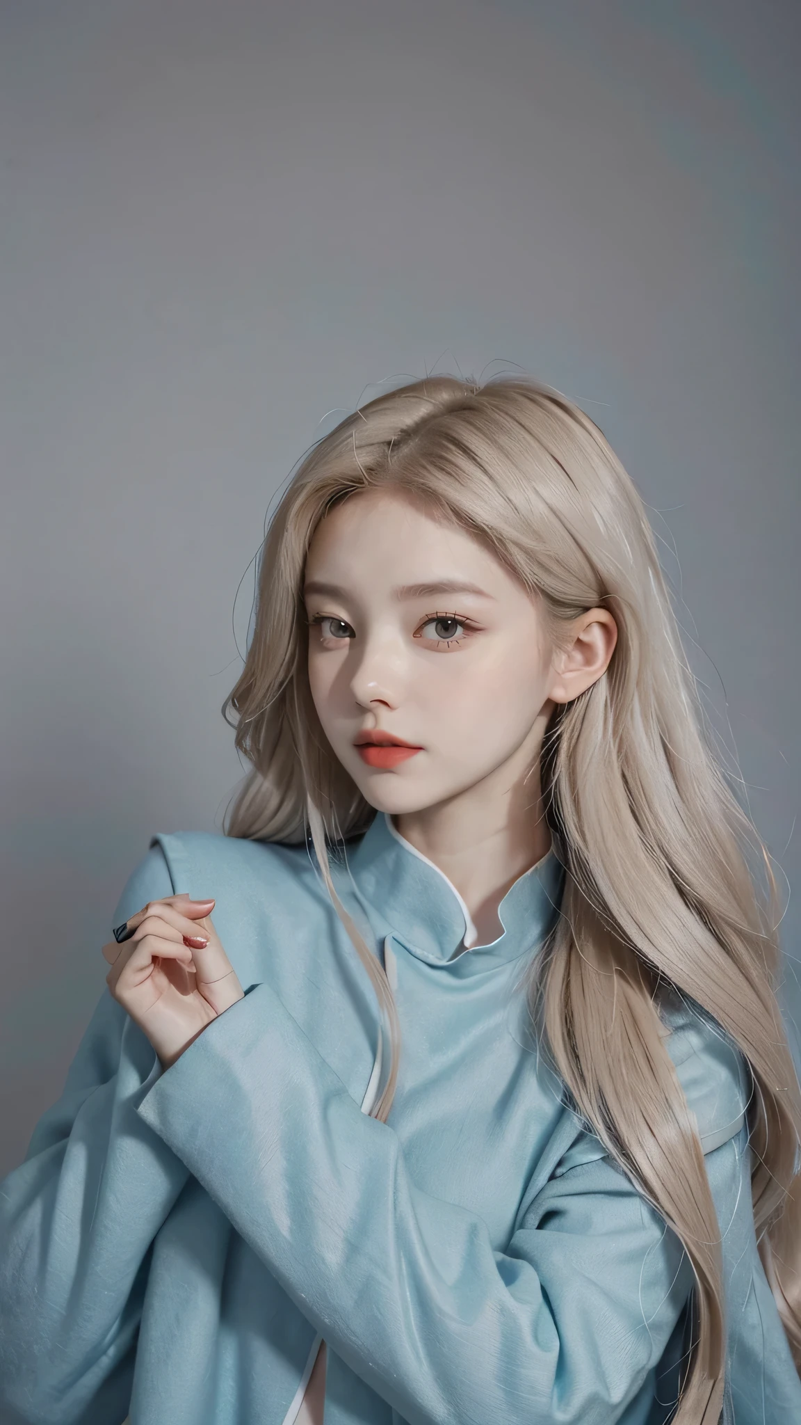 Girl wearing, luxury  cyan coat, shoulder length hair, wavy hair, glowing skin, star in eye, red lips, grey  background, cute poses , upper body, light blonde hair.