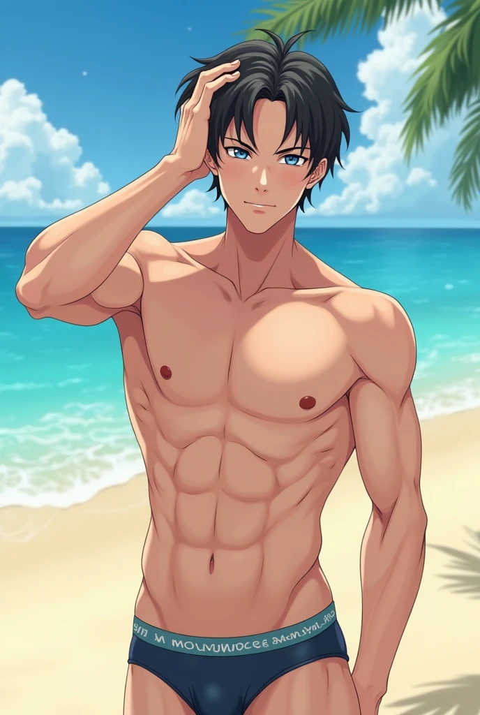 shirtless in underwear on the beach with hand on head showing armpits young man in anime drawing