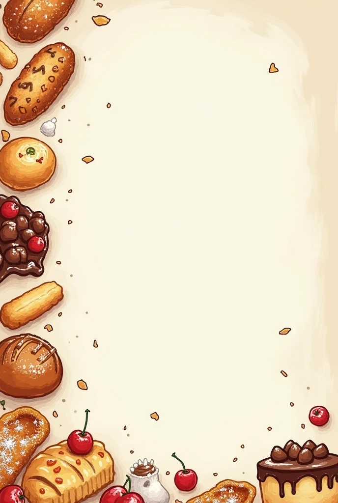 Create a background image for a login screen for a bakery website that refers to breads and pastries and cakes, that only has drawings on the left side, It has to be in computer format, the image must be in landscape format