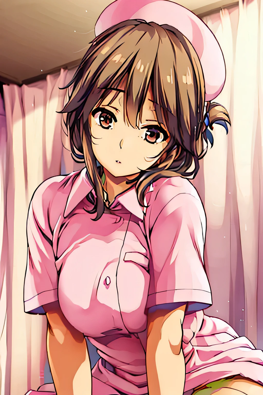 akagimio, brown hair, brown eyes, nurse, nurse cap, pink dress, short sleeves, white panty, Akagi Mio-Boku to Nurse no Kenshuu Nisshi