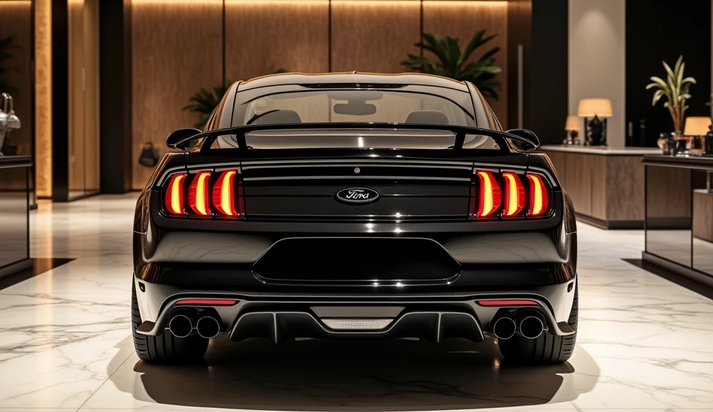 A rear view of the luxurious New 2025 Ford Mustang in a sleek black color, parked in an upscale showroom. The car's modern design is highlighted by its muscular rear end, featuring sleek taillights that mirror the aggressive narrow headlamps at the front. The iconic Ford Mustang logo is prominently displayed on the rear, emphasizing its heritage and power. The glossy black finish reflects the refined showroom lighting, showcasing the vehicle's dynamic lines and sophisticated curves. Luxurious rims enhance the Mustang’s stylish and performance-oriented look. The showroom is a luxurious setting with polished marble floors, expansive glass walls, and elegant decor, enhancing the Mustang's bold and modern appeal.