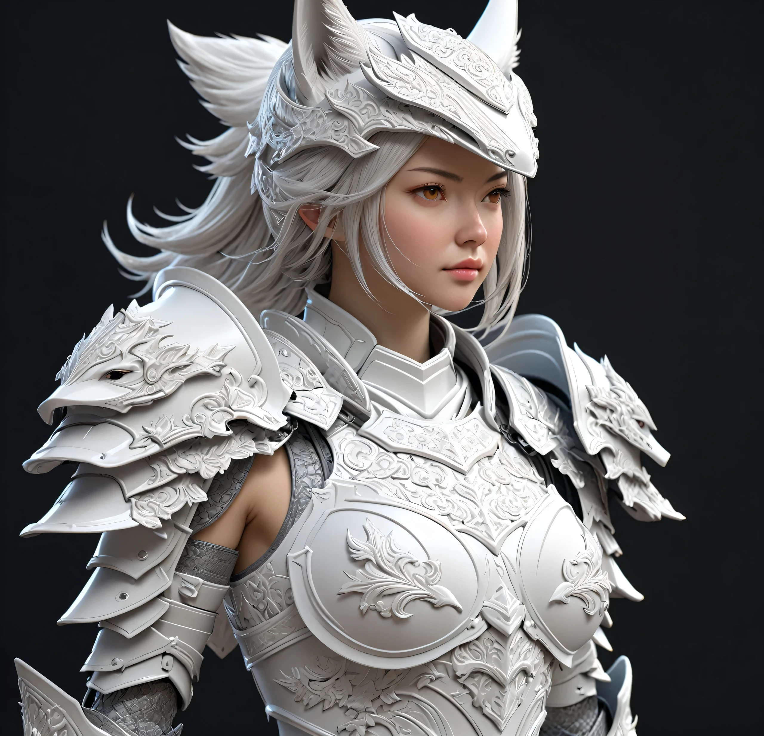 a close up of a model of a female character with a helmet, high detail and very sharp, strong ambient occlusion, detailed armor, detailed fantasy armor, high poly, highly detailed armor, kitsune inspired armor, hyperdetailed fantasy character, detailed white armor, armour merging with body, render of heavy fantasy armor, intricate armor details