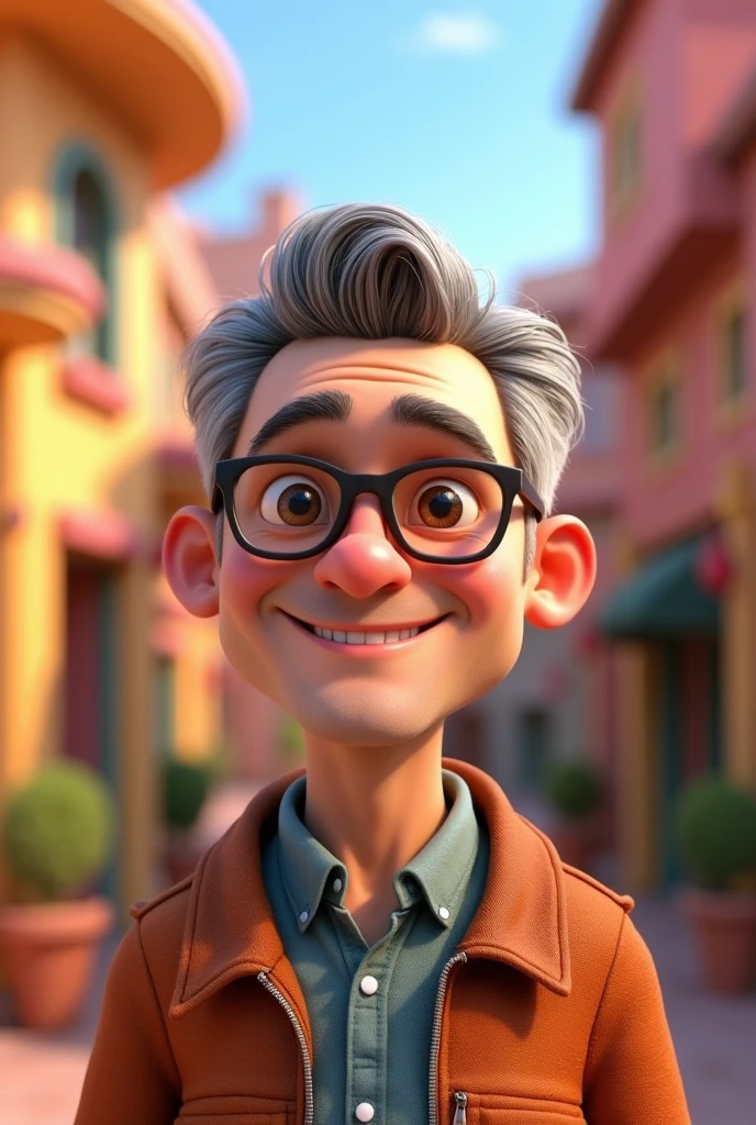 50 year old man, hair grey, short on the side, no beard and moustache, with glasses a little fat, in the style of Disney Pixar animation