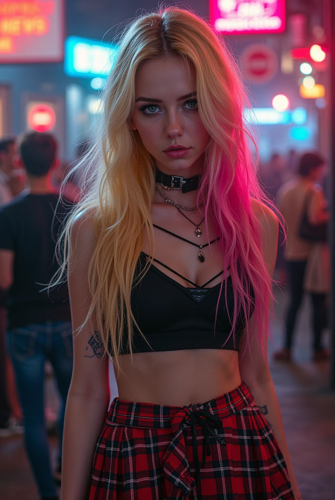 avril lvaigne, blonde hair, long hair, smiling, blue eyes, emo, makeup, pink hair, skirt plaid
