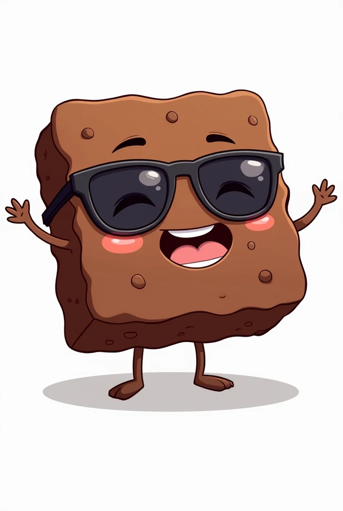 Transparent background drawing of a square-shaped piece of brownie with sunglasses, smiling sexy and with open arms to hug