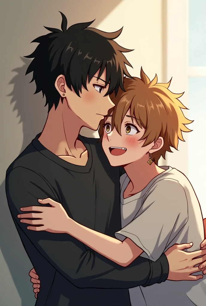 Black haired anime boy in a shirt, serious without expressions and a brown-haired boy dressed in any way with an earring and happy hugging the other boy
