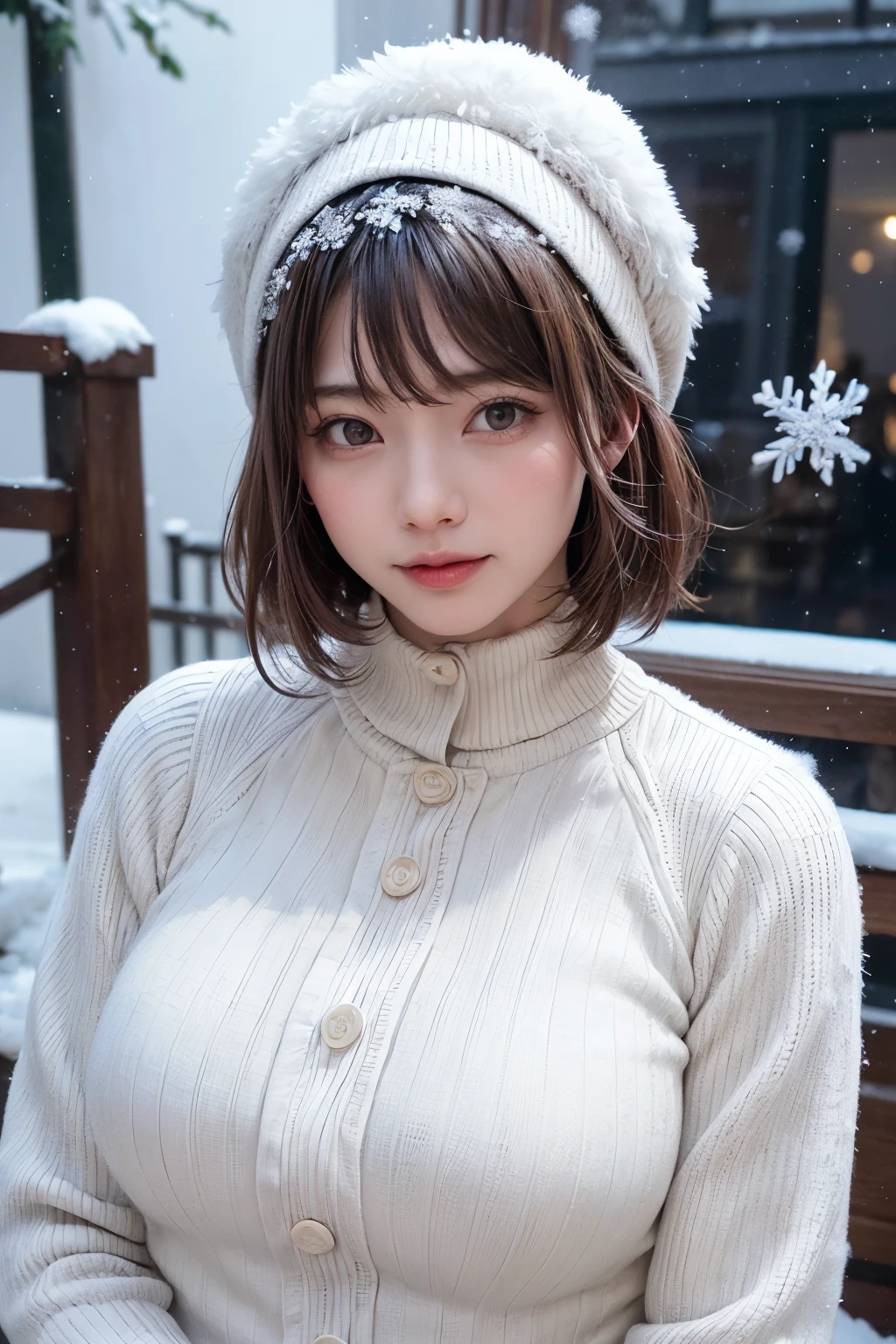 (masterpiece, Highest quality),One Girl, alone, Black-haired, scarf, Have, Realistic, Realistic, Looking at the audience, Light-coloured black eyes, Short brunette bob, Brown coat, Winter clothes, White headscarf, lips, prohibit, Plein Air, Mouth closed, Upper Body、Big eyes、eyelash、((Beautiful scenery of sparkling snow:1.now Background:1.5、Large snowflake motif:1.6、Beautiful snowy scenery without people:2))t bob hair with bangs、Shiny Hair、Big eyes、large full chest、Highlights the eyes、Gazing at the audience、Beautiful beauty、Listen carefully、Long neck、Laugh a little、Please close your mouth and laugh、Ideal body type)))、{Huge|big|Hugeな|Mega} chest:2, chestの谷間:2、
