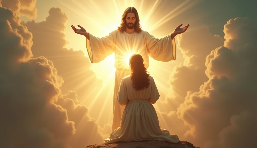 A person being protected by Jesus, in the sky.