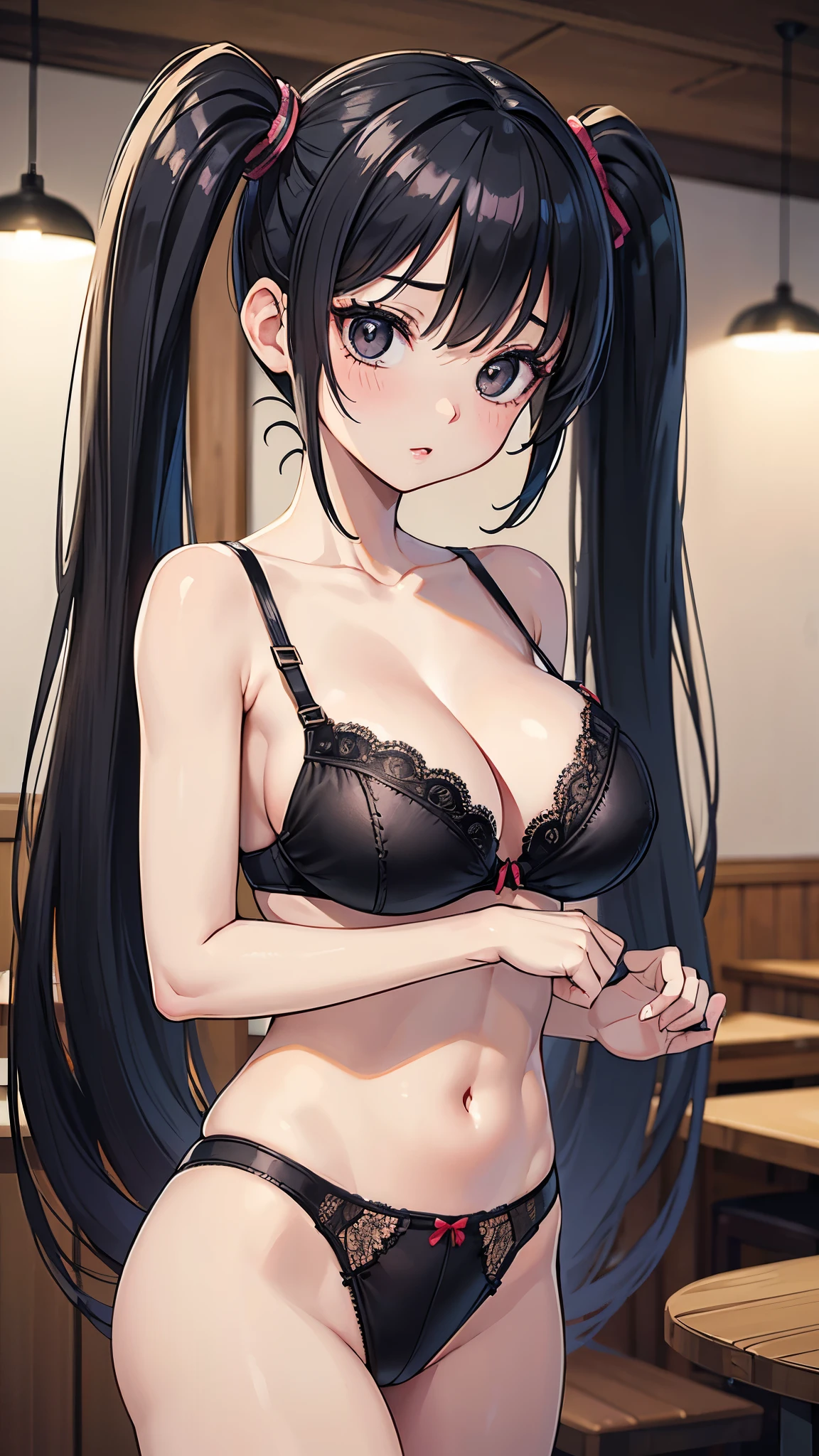 (masterpiece, 最high quality, 超High resolution, Very detailed), (Realistic:1.1, photoRealistic:1.4), Perfect illustration, Perfect lighting,Perfectly detailed hair, Perfect and exquisite face, Perfect collarbone, Perfect body,Juicy breasts, Perfect Thighs, Beautiful legs, View your audience, 1 person,Perfect Face, (Perfect Anatomy, Anatomically correct), Symmetrical face、((Shiny Hair)),Sexy Body、(masterpiece),(最high quality:1.3),8k,Very clear,(Ultra-realistic),Captivating woman,(high quality, High resolution, The finer details), Realisticなスタイルの女性,Juicy breasts、Perfect Woman、Perfect Face、Symmetrical face、Baby Face、((Big breasts))、Cleavage、blush、((Juicy lips))、Cowboy Shot、(((High-positioned twin tails、Black Hair)))、((Large, double-set black eyes、Long eyelashes))、(Red Makeup)、(((bra、Panties)))、((Short apron))、(Healthy and well-developed body)、((Big tits jk))、(indoor、Restaurant at night)