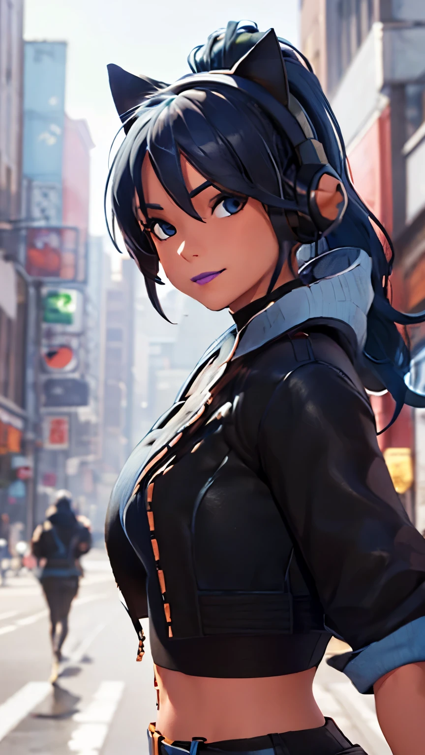 City background, 1girl, solo, HeroicHopeFN, Heroic Hope from fortnite, (crop top, black top, open clothes), (jacket crop top, black jacket, blue loose, jacket loose), fingerless gloves, black pants, blue belt, blue hair, ponytail, blue eyes, headphones, cat ears headphones, holster, holster spray cans, purple lips, lipsticks, smirk, upper body, body facing viewer, looking at viewer,