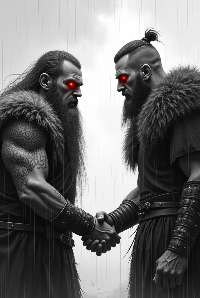 Two vikings shaking hands in the rain. One is short and fat with a long beard and long hair. The other is tall and strong with short hair and a three-day beard. Both have tattoos and both have red eyes. Both are wet from the rain and have scars on their faces. The picture is black and white only the red eyes glow. As drawing