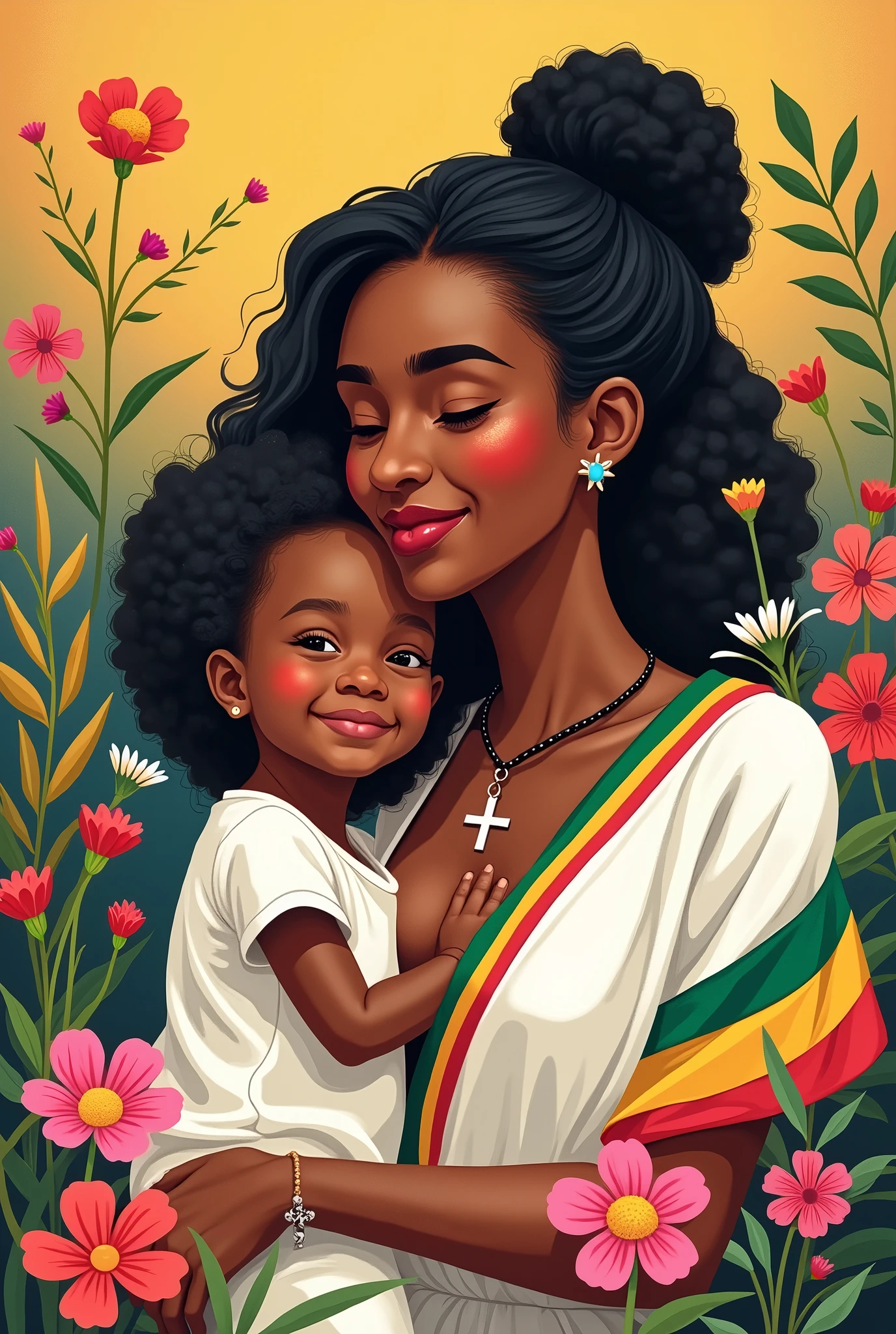 Postcard on an International Mother's Day, beautiful colours, nice picture of a Mother and her , flowers in background.she wearing a beautiful white dress with a strip of Ethiopian flag.her skin is less darker, she and her child having black woolen necklace and a cross on it