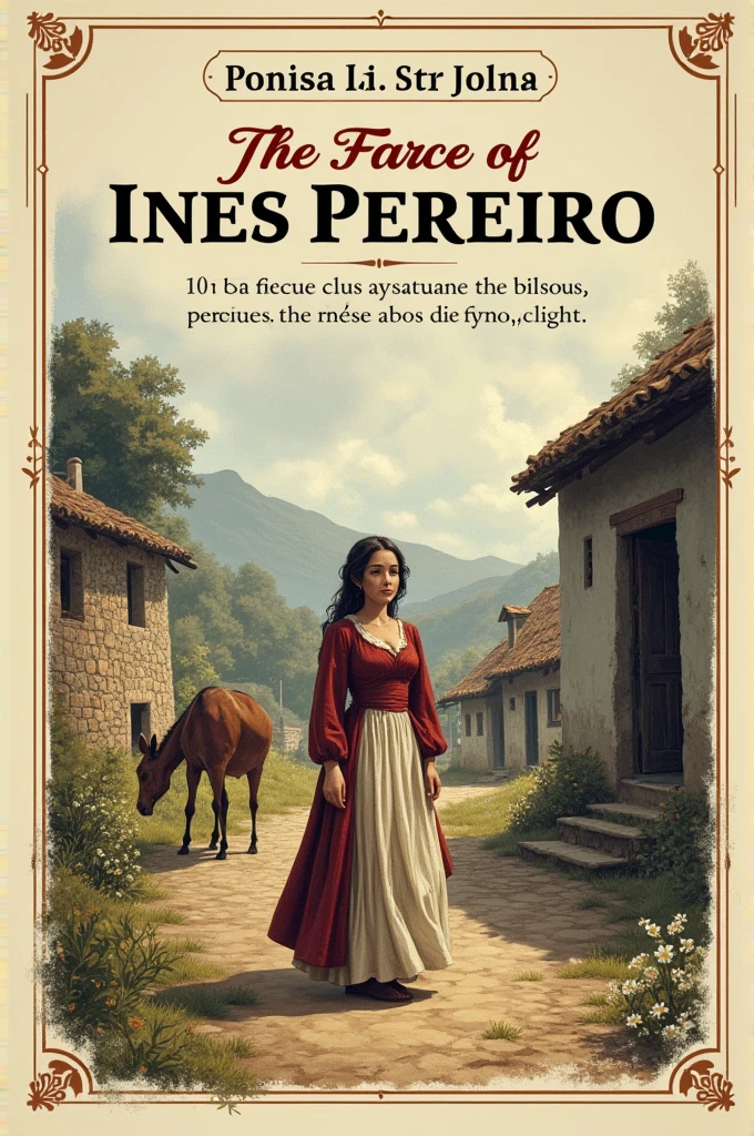 Create a cover for the book The Farce of Inês Pereira with , Title, author of the work , illustration representing a scene from the book , typography and a catchphrase from the book "Better a donkey that carries me than a horse that throws me" something more basic in the image