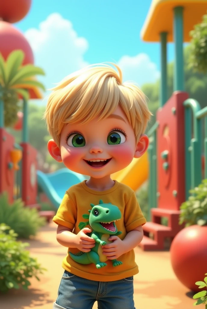 A child of , em um playground, This child has short blonde hair, green eyes and a dinosaur in her hand and she is smiling