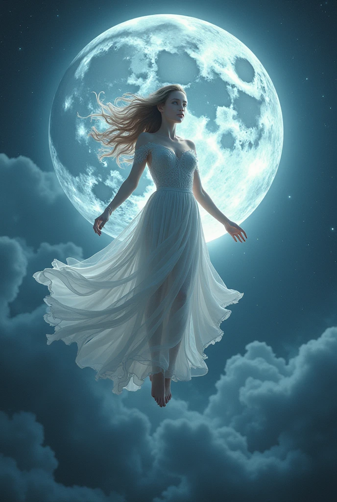 A young moon goddess at the space, she is floating in front of an lunar eclipse and beyond interdimensional portals, she has two ethereal clones, divine aura, moon background
