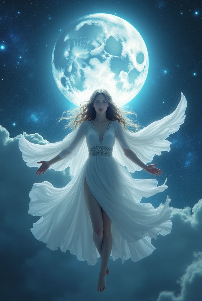 A young moon goddess at the space, she is floating in front of an lunar eclipse and beyond interdimensional portals, she has two ethereal clones, divine aura, moon background