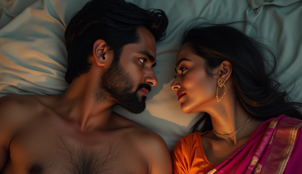 An Indian man is lying in bed, while his wife, dressed in a saree, stands beside him. They are silently looking at each other, as if understanding each other's emotions without saying a word.