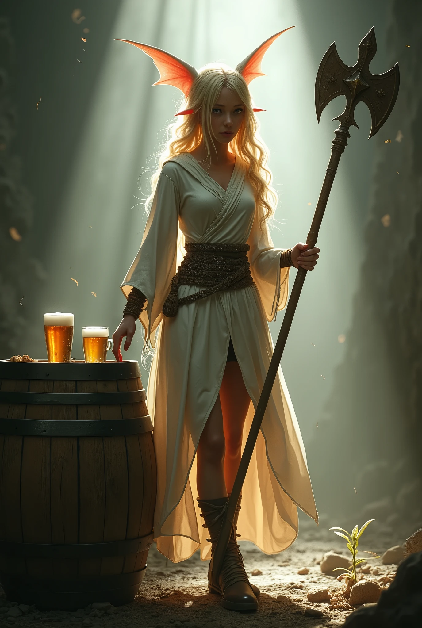 (Realystic:1.4), analog photo style, depths of field, (a blond-haired adult Pixie holding a mace. She is prepared for battle in a white cleric’s tunic. She has a wooden keg of beer next to her, dark fantasy atmosphere, deep shadows with the some sun rays, a delicate balance between reality and fantastic, faded colours, great quality, Masterpiece, most detailed blurred surreal background, naturally cinematic light, 16k quality, kodak porta 400, bokeh.