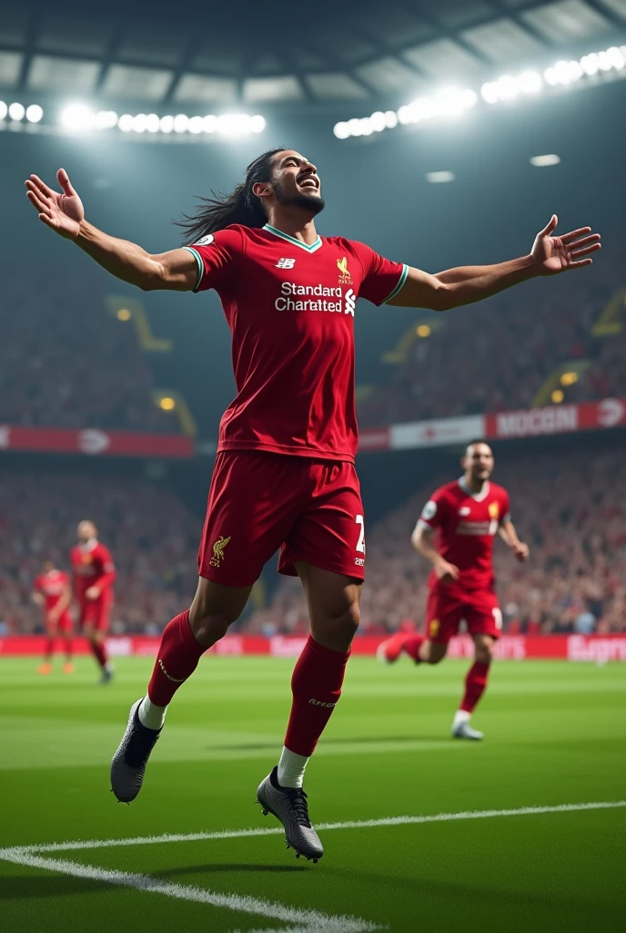 make a picture of virgil van dijk scoring a goal in liverpool clothes
