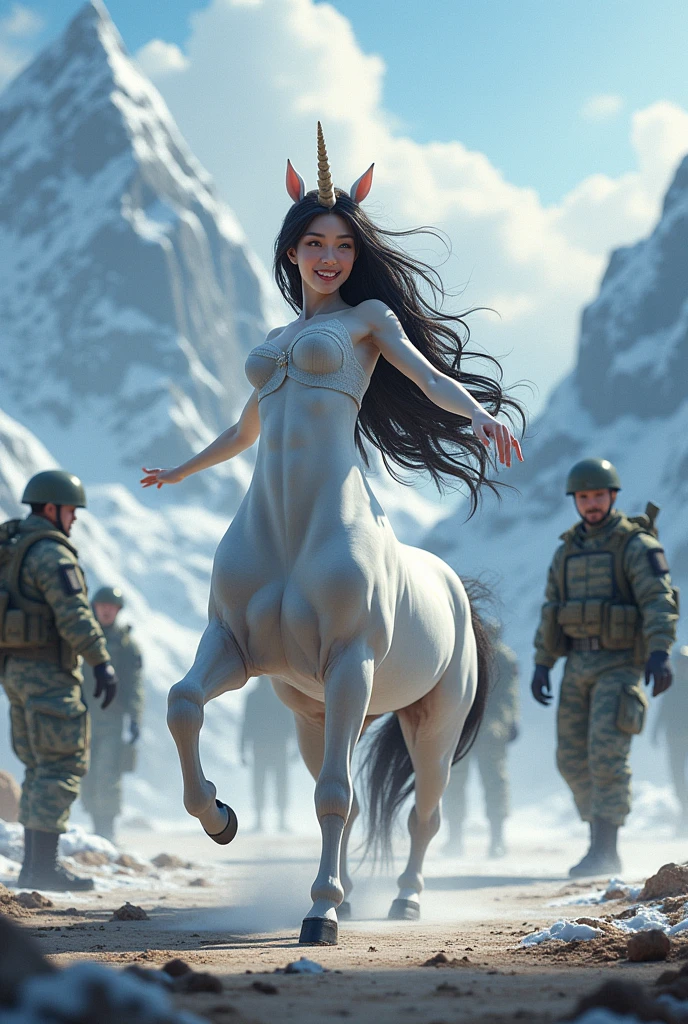 A female unicorn, long dark hair, who dances happily with a beautiful smile among military mechanics. In the background of the mountains. realistic.