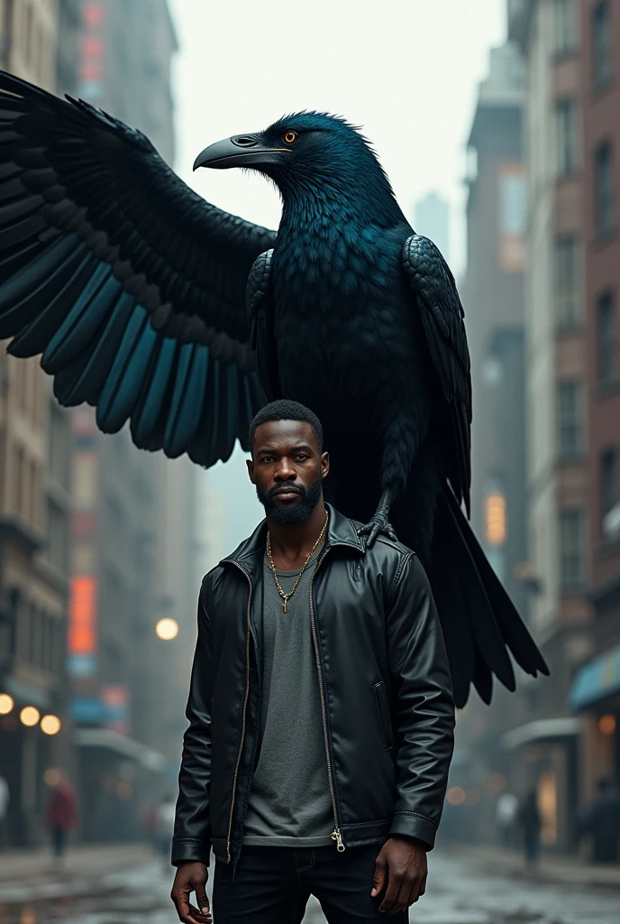 (photorealism:1.2), Urban black man with a large tall spirit Crow standing beside him