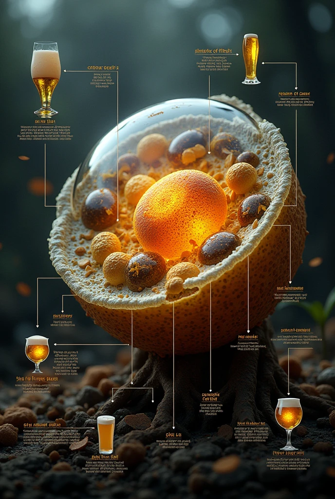 Generate me an image of the diagram of a yeast, whose characteristics are as follows: It lives in dark areas with high humidity and decomposing organic matter and its metabolism is the ability to ferment complex sugars., producing alcohol and a soft light in the process.