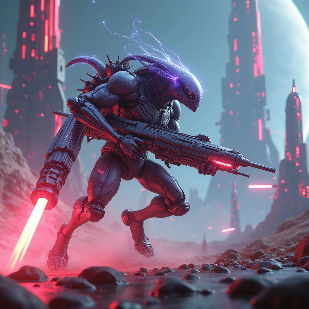 (masterpiece), (best quality), (HDR), Futuristic fantasy mecha Cyborg full body with angelic wings on a broken planet, dark scene, cyberpunk style buildings on back, moon and Jupiter behind, astral shadow style red glow