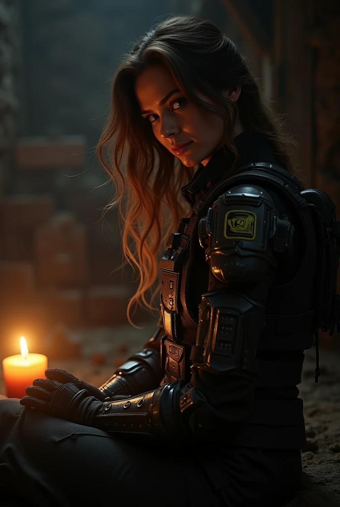 beautiful woman, with wavy brown hair, with tactical military armor, sitting, in a dark room, illuminating his face and half of his body by a candle