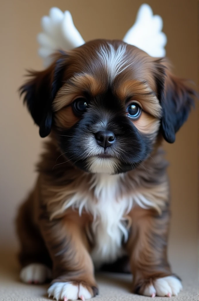 Dark brown Shitzu puppy with white and a black nose with a white spot and angel wings