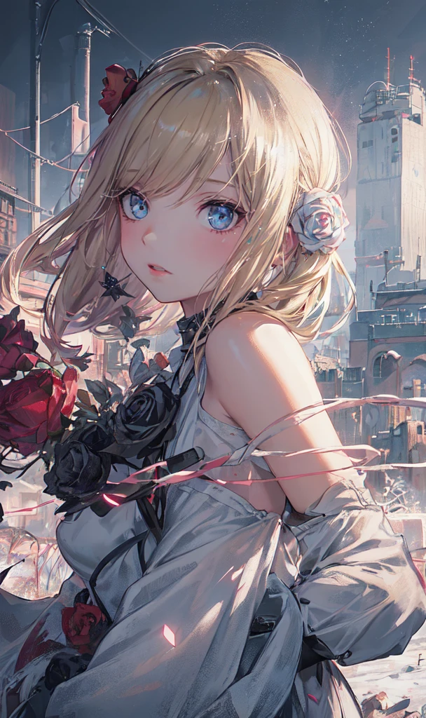 Abandoned industrial city in winter background,(White and light red,:2.0),Issued card,Standing in close-up,Dream world,Facial blemishes,(((Shoulder-length blonde))),(((Center-parted bangs))),(((Black rose hair ornament))),(((Confident々Face))),(Slender blue eyes,Pink lipstick,Long eyelashes),gloves,gun,choker,(assassin'Tight combat suit,Torn and frayed combat uniform exposing the abdomen,Leather mini skirt,Caster wheel,belt:2.0),Fur Tube Top(choker),Above-the-knee high-heeled boots,Strappy high heel boots,The legs have lots of straps,Detailed background