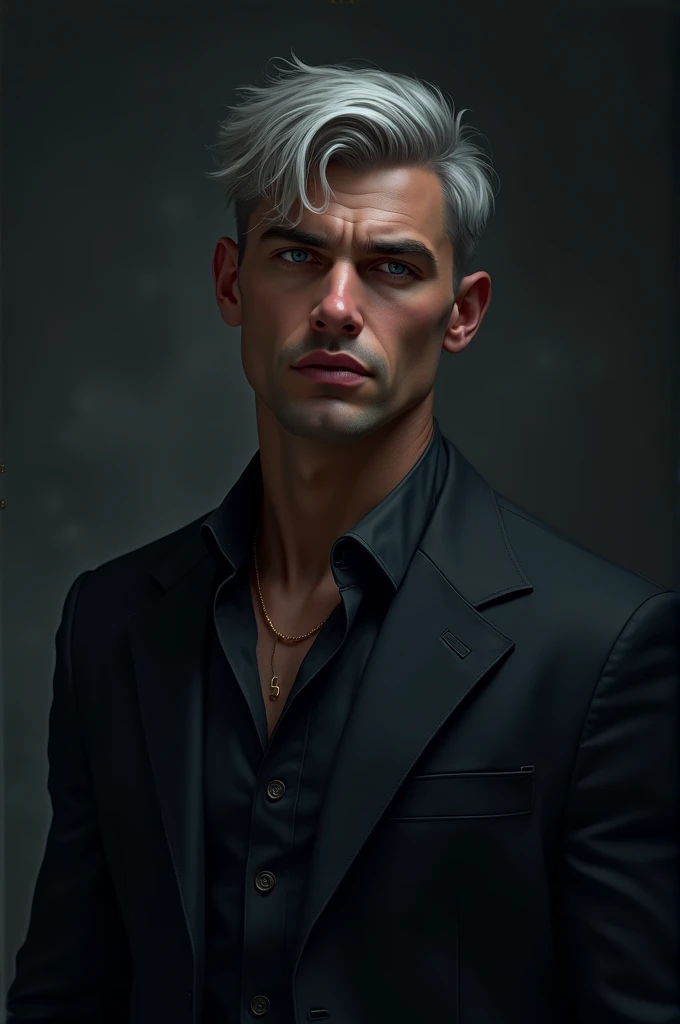 portrait, Digital art, 4k, cheered up, one 2 male casual, Muscular upper body, dark blue eyes, medium short silver hair, Cold, Melancholy, dark background, half body up, slightly tanned and in a suit