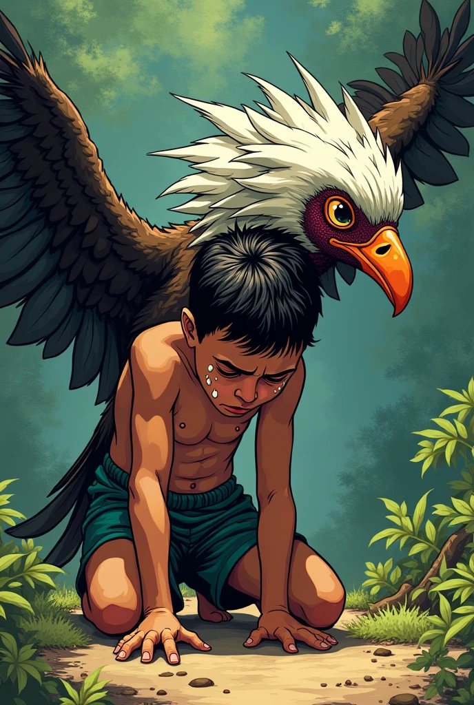 comic: The young white Karãu kneels on the ground, crying in despair. suddenly, His body begins to transform into the Aramus guarauna bird