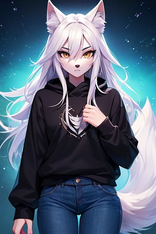 (work of art, Maximum quality, best qualityer, offcial art, beautiful and aesthetic:1.2) A She-Wolf, white wolf ears, hair blue, wolf tail, white fur, gold eyes, Wearing a Black Sweatshirt and Blue Jeans.