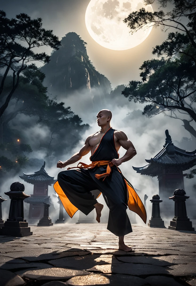 Professional photograph of a Shaolin monk practicing Shaolin Buddha Palm martial arts on temple grounds, It looks very intense, The night atmosphere is illuminated by moonlight, Mist covers the ground.