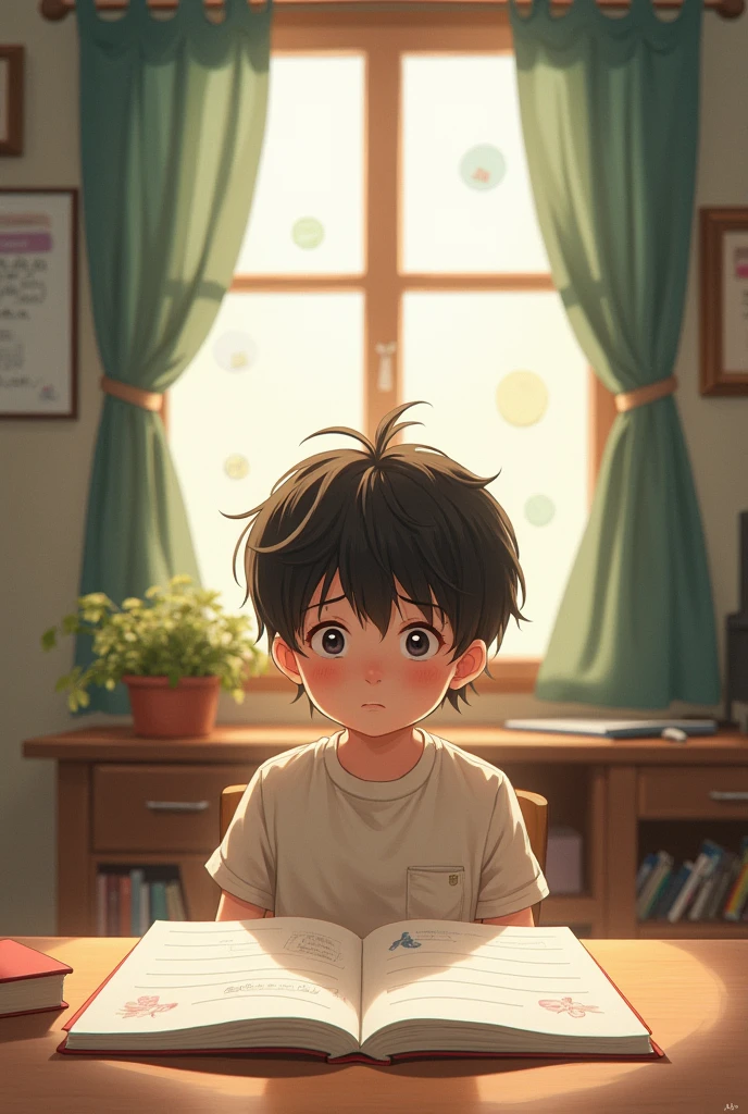Illustration of a child sitting in front of a table with a study notebook and questions