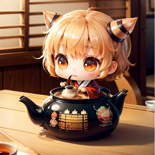 Cute chibi anime sitting in a teapot, wear brown kimono, drink tea, logo