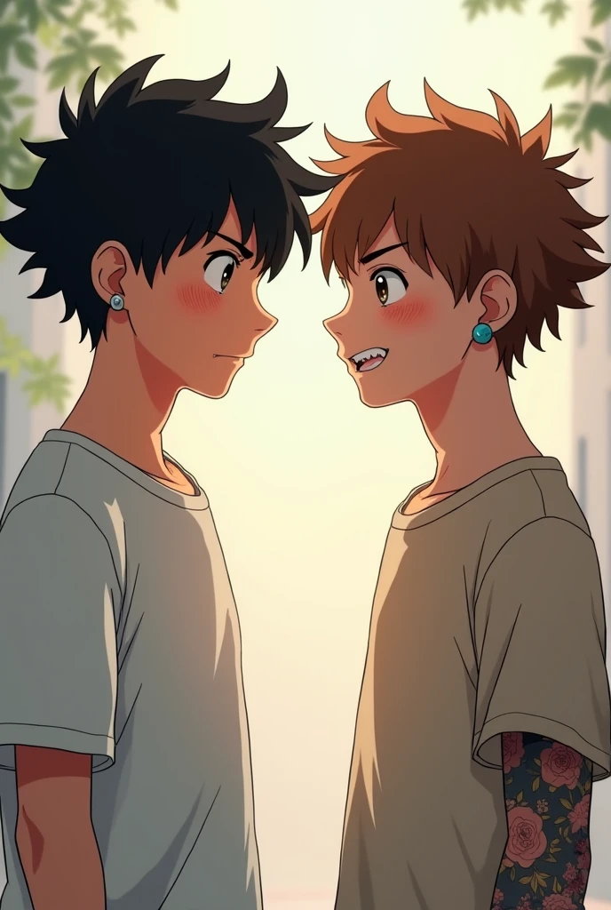 Black haired anime boy in a shirt, serious without expressions and next to him a brown-haired boy dressed in any way with earrings and tattoos and happy staring at him