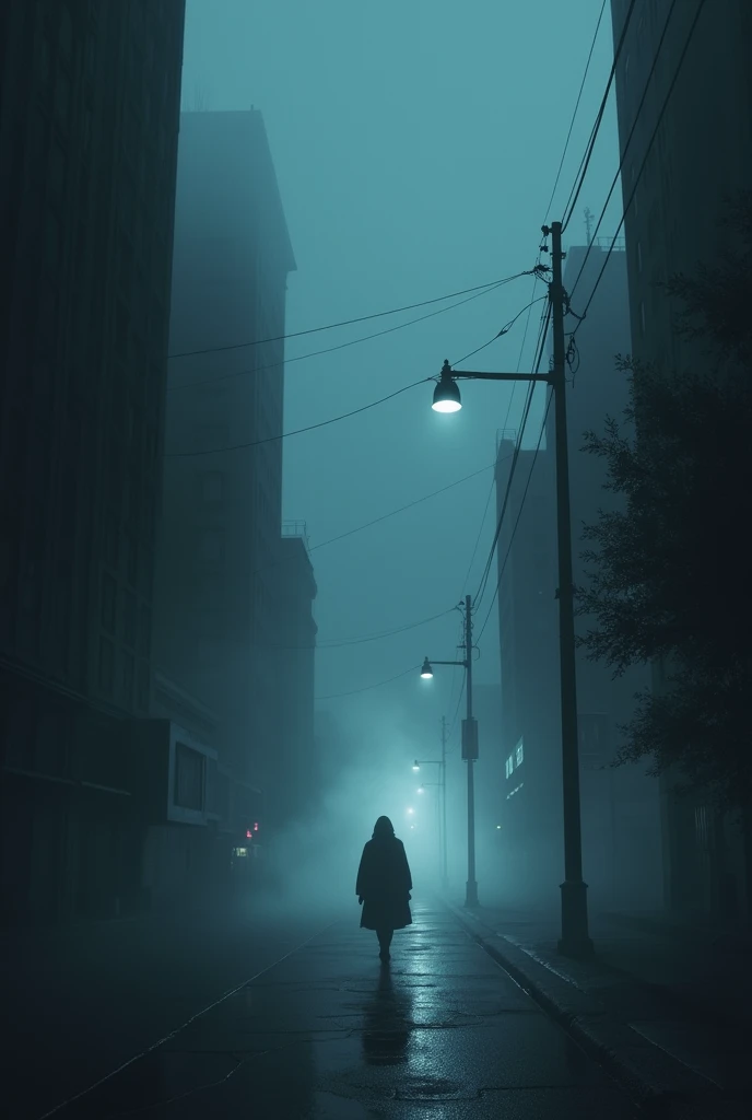 low-angle, dark, foggy city, eerie atmosphere, night, subtle movements in the fog, dim streetlights, ominous shadows, sense of foreboding