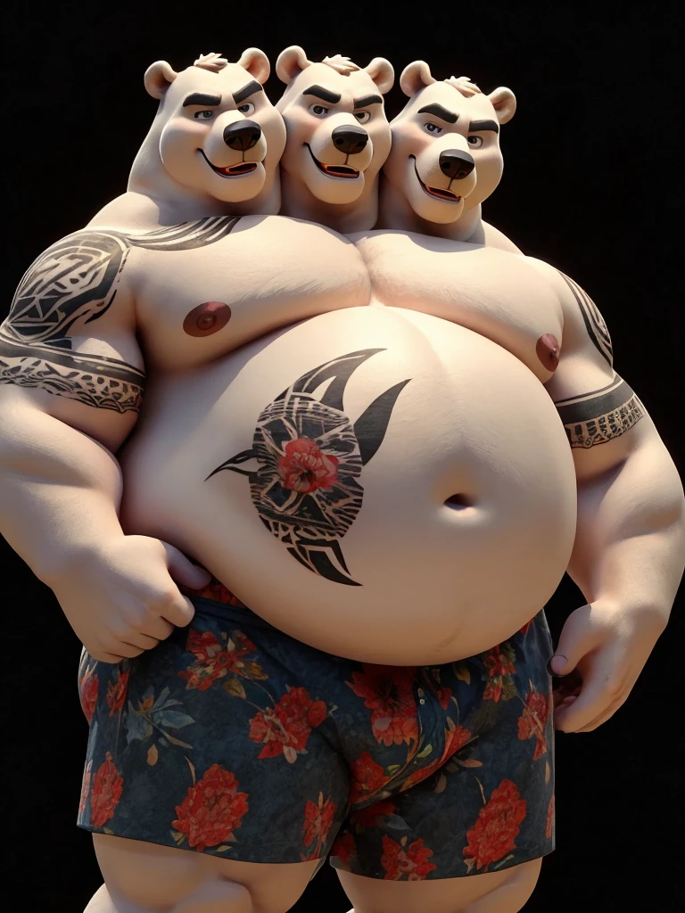 solo, polar bear, twins, 60 year old male, (tattoos:1.3), flexing, natural pose, sexy pose, different facial expressions, three identical heads attached to the same body, bear ears, short balding hair, white mustache, white fur, masculine, three necks, eyes, adult, male, (3d, by Disney), (overweight, fat, obese, big belly, out of shape), black background, (shirtless, navel, male nipples, boxers), correct hands, correct anatomy, ultradetailed, best quality, detailed masterpiece, highly detailed masterpiece, 4k, professional cartoon