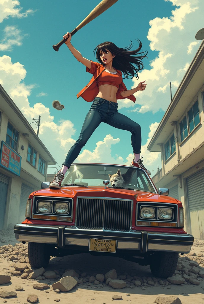 A rebeude anime style woman on top of a car with a wolf inside her breaking it with a furious baseball bat