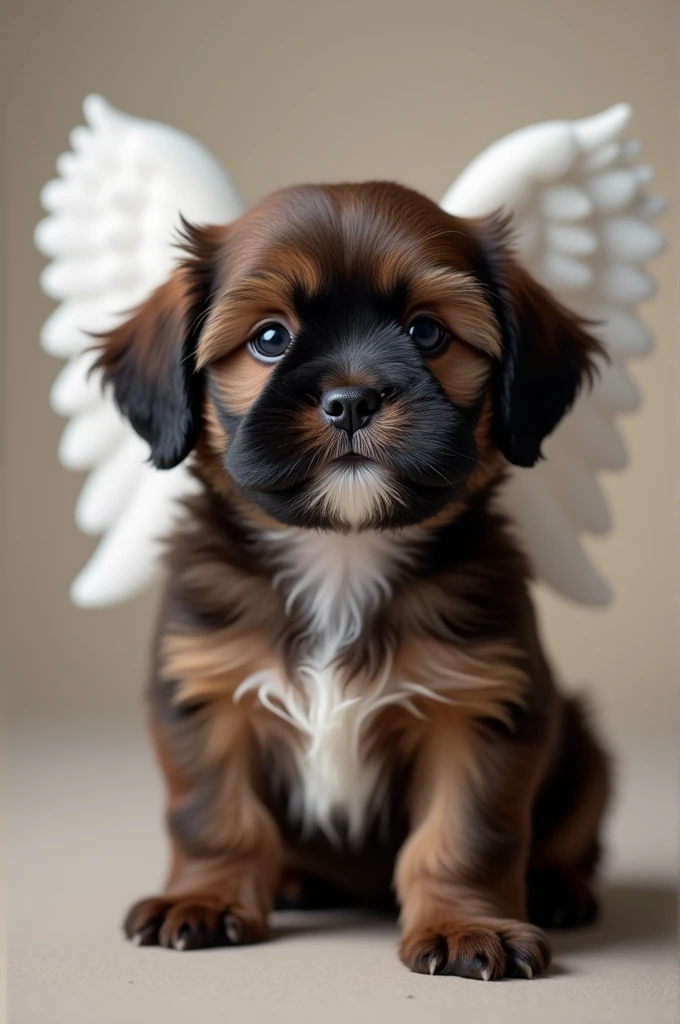 Dark brown Shitzu puppy with white and black nose with white and angel wings