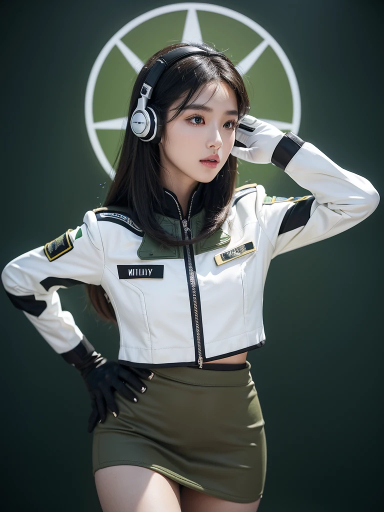 Top Quality, Ultra High Definition, Photorealistic: 1.4), (cowboy shot:1), 1 Beautiful Girl, (Kpop Idol), Detailed Face, (Hair Style: brown:1, fullbang, long hair-style:1), Contrapposto, Perfect Anatomy, Smooth Skin, Professional Lighting, (wear color white black silver),((wearing Futuristic military uniform, low-mini-skirt, military style, High-tech Headset, military suit, racing gloves)), (Cloths colors based on dark green yellow black), (yard background)