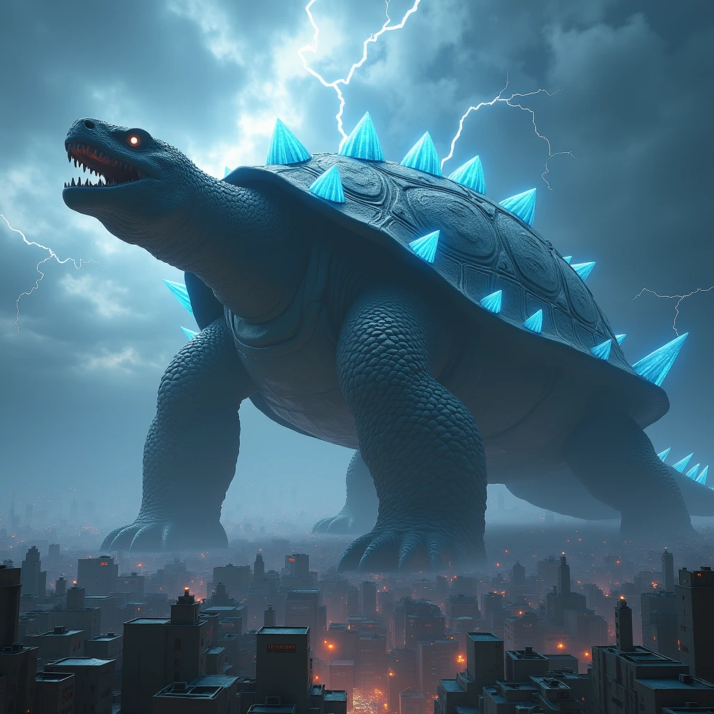 Heavy giant dragon-like turtle, Gorgeous shells,  Building districts in Japan,fire, 3D Rendering, Ultra-fine detail, high quality, High resolution, 最high quality, thunder,bad weather,Giant blue lightning