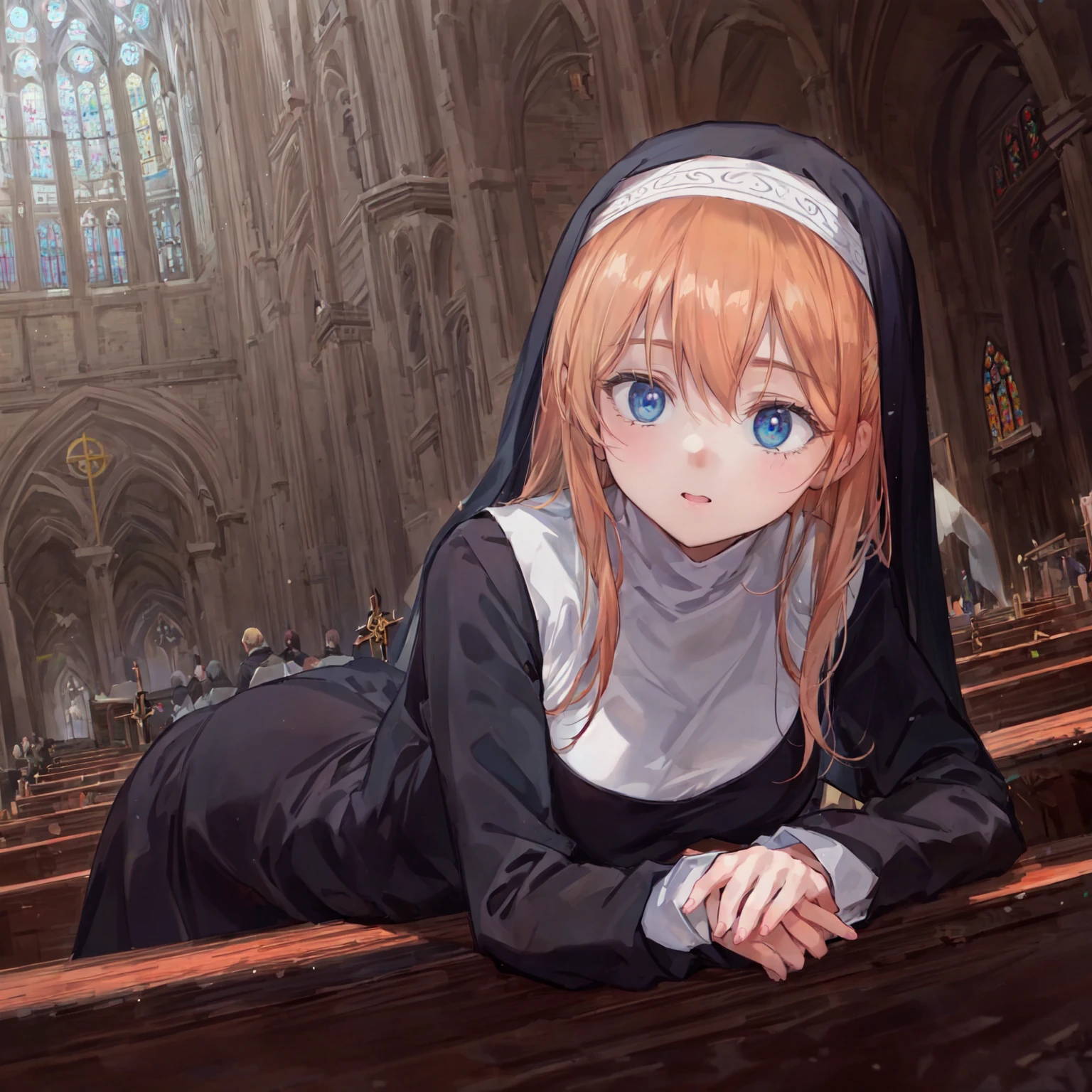 (Pencil Art:1.3),masterpiece, Highest quality,pastel colour,church,nun,dutch angle,Leaning forward,Place your face on your hands,{{beautiful medium-sized breasts1:4}},master peace ,{{beautiful blue eye1:4}},,(((Sacred))),Photoreal 1;4,{{blond hair}}, top quality, {{beautiful butt}}, cute girl, high quality background, BREAK, BREAK, 5 fingers