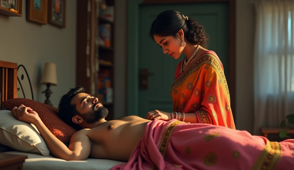 "An Indian man is lying in bed, while his wife, dressed in a saree, stands beside him."