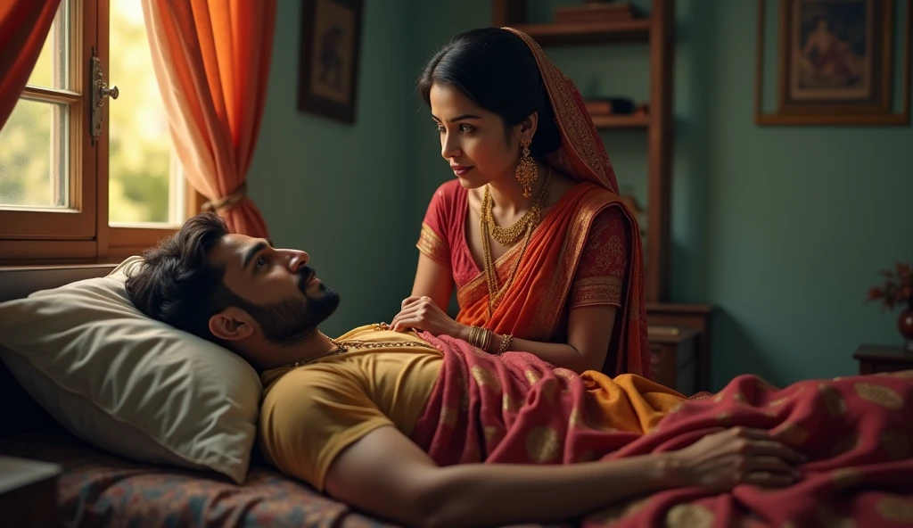 "An Indian man is lying in bed, while his wife, dressed in a saree, stands beside him."